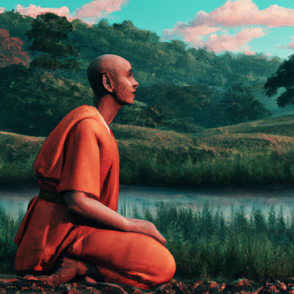 A wide nature scenery with a portrait Indian monk doing penance.