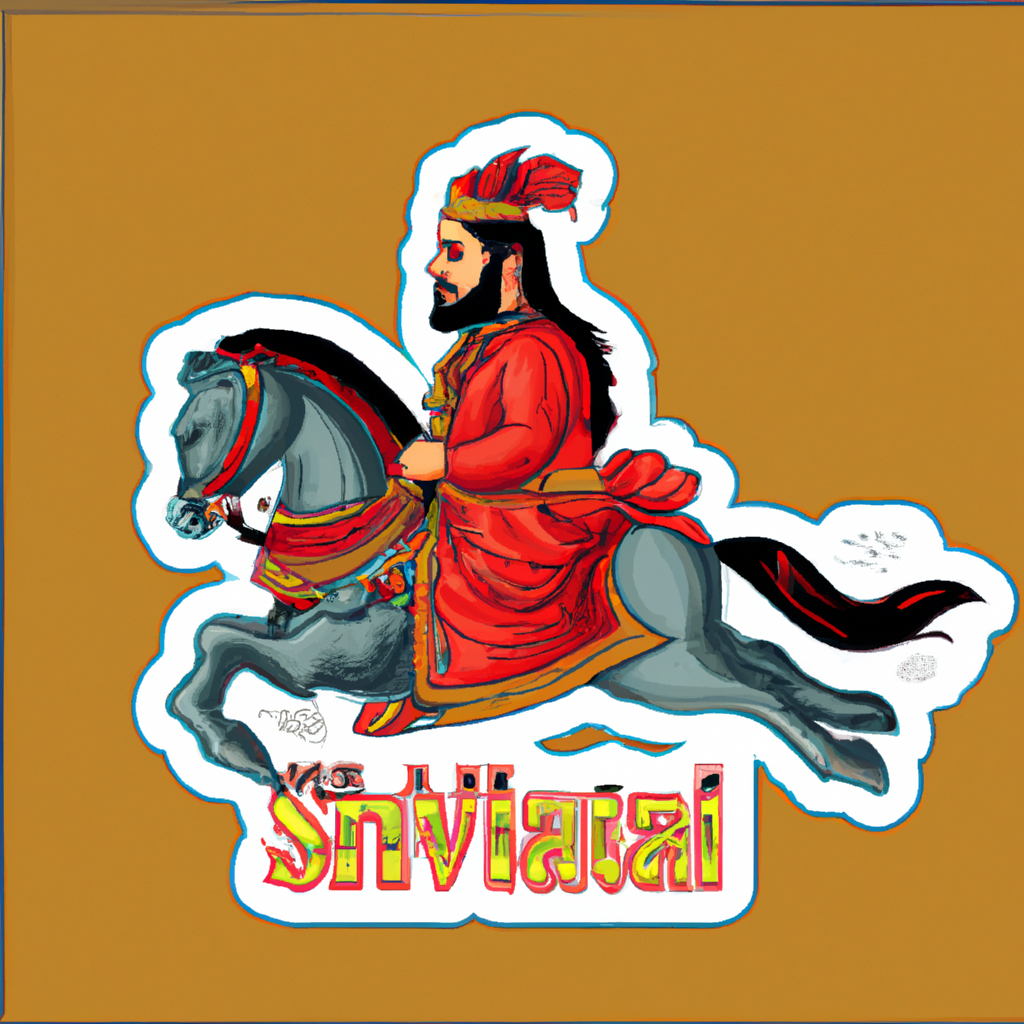 Shivaji Maharaj riding on a horse with his sword to fight against Mughal army.