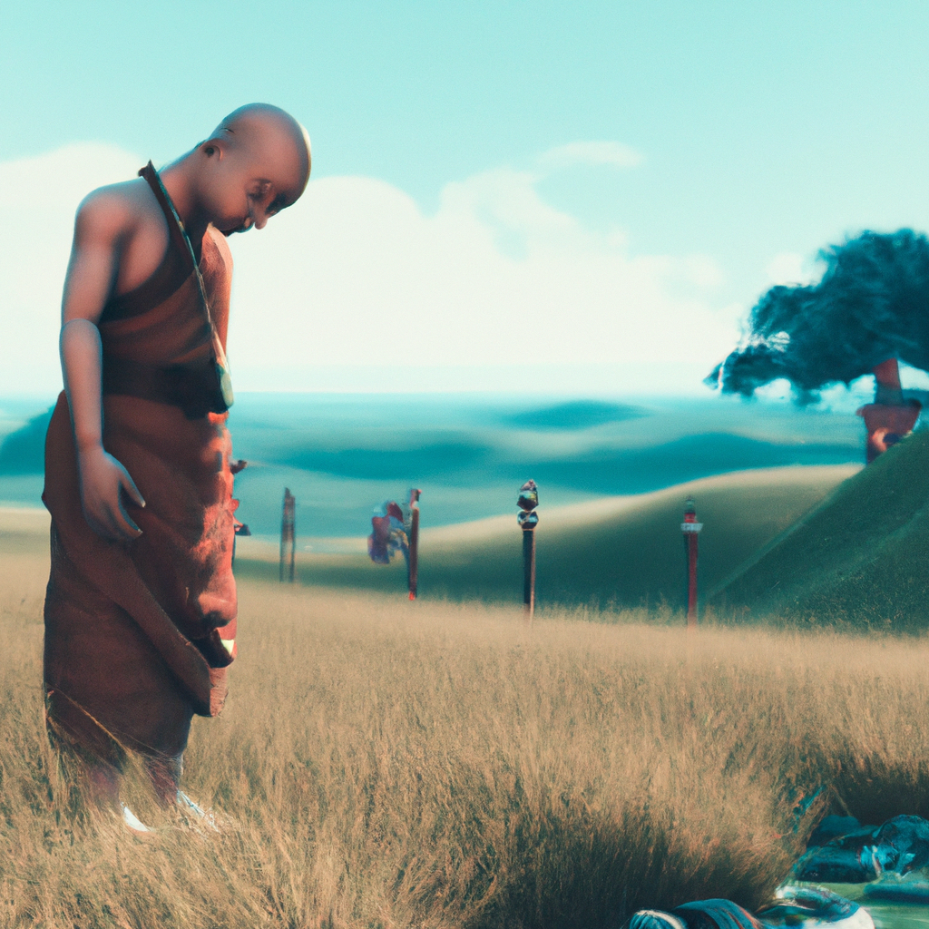 A wide nature scenery with a portrait Indian monk doing penance.