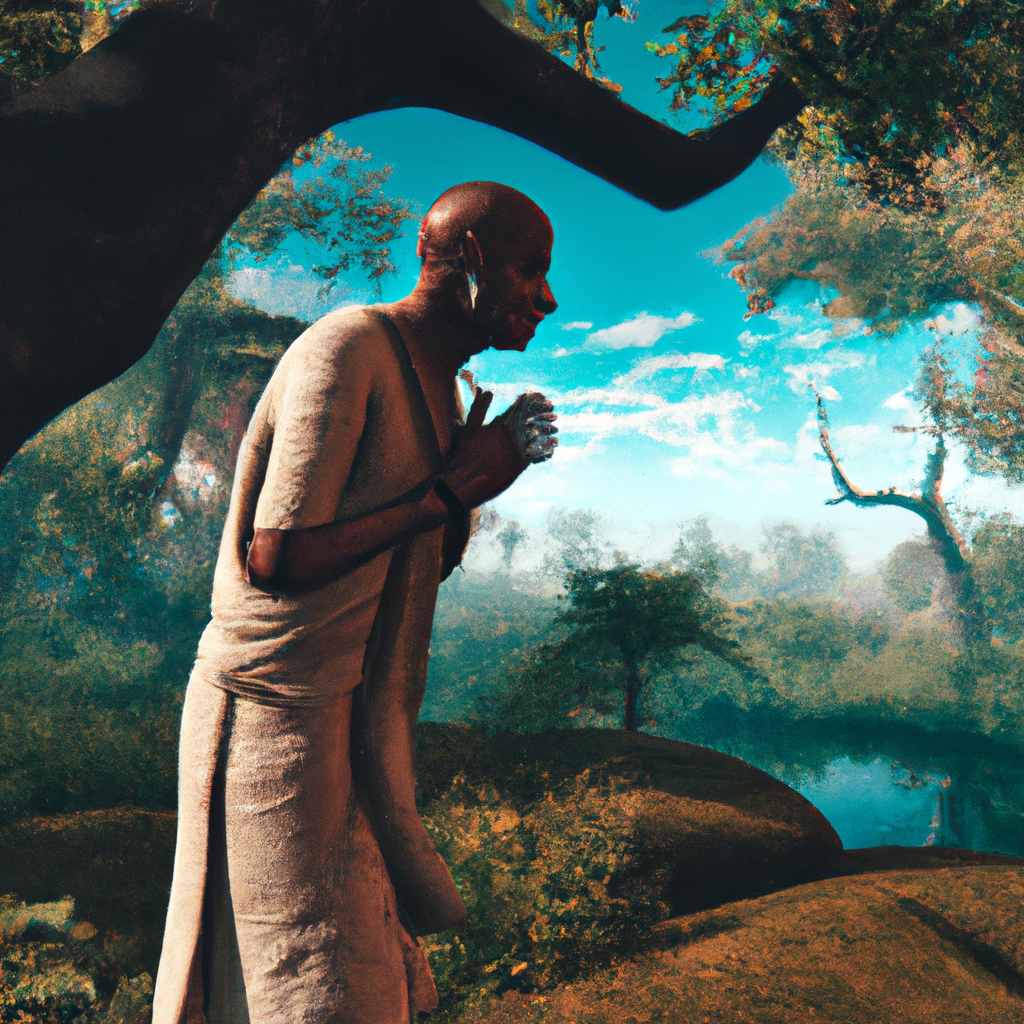 A wide nature scenery with a portrait Indian monk doing penance.