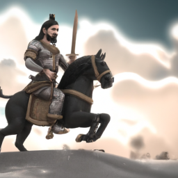 Shivaji Maharaj riding on a horse with his sword to fight against Mughal army.